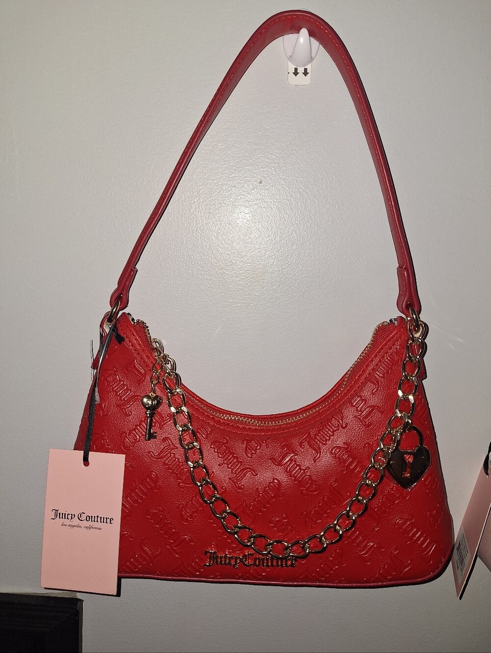 Juicy Couture Red Shoulder Bag with Gold Chain and Heart Charm Accent